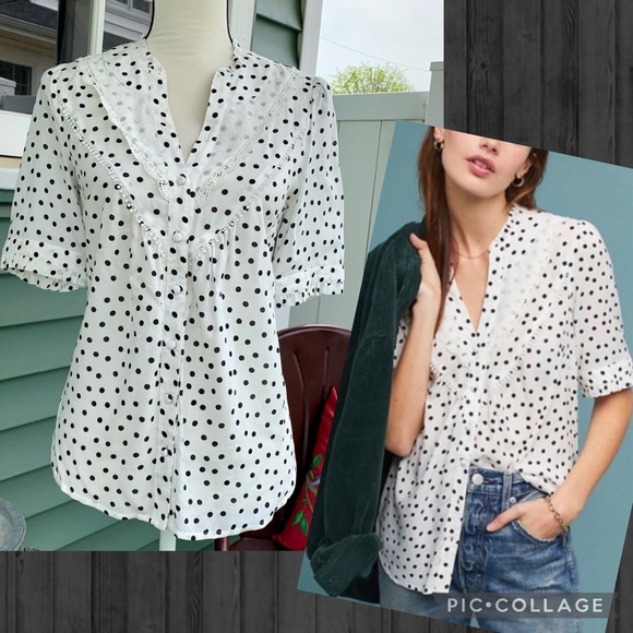 Anthropologie Tops - Anthro Maeve Black Polka Dot Crochet Swiss Dot Lace Button Front Top Size 6